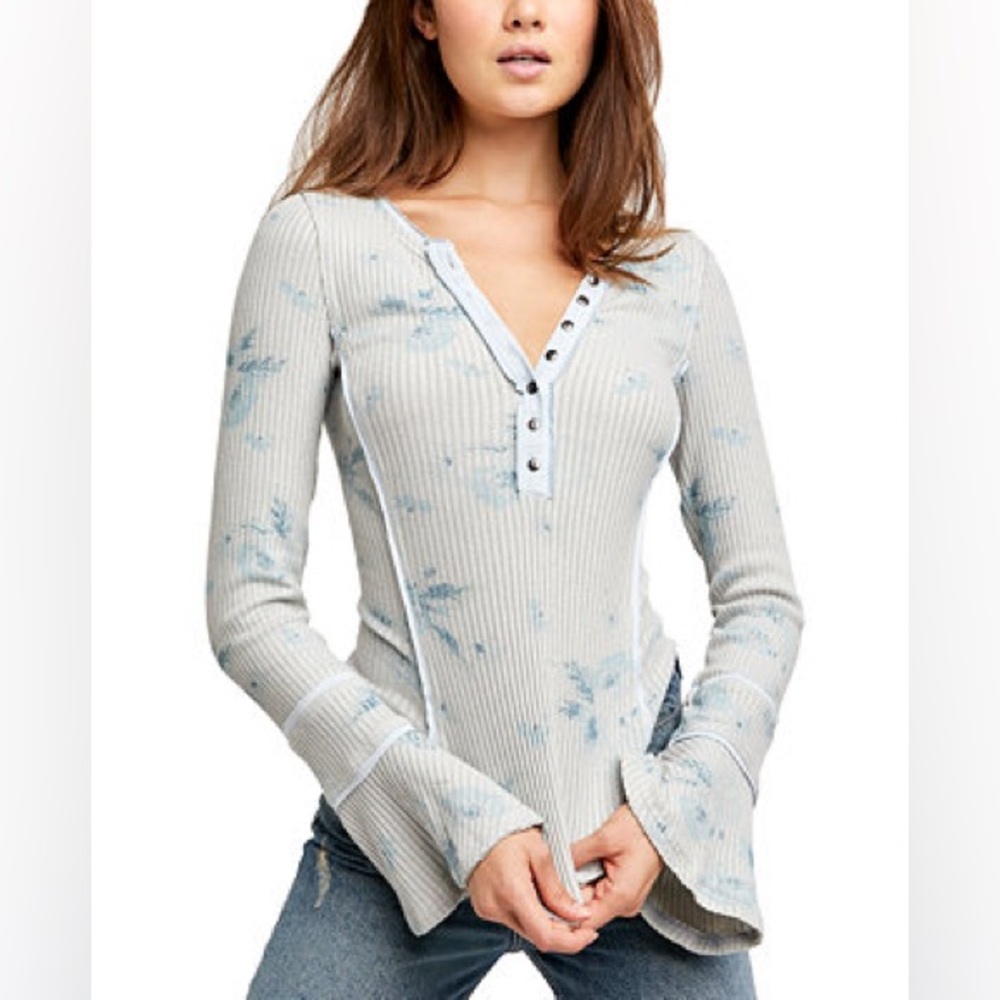 Free people blue floral bell sleeve top